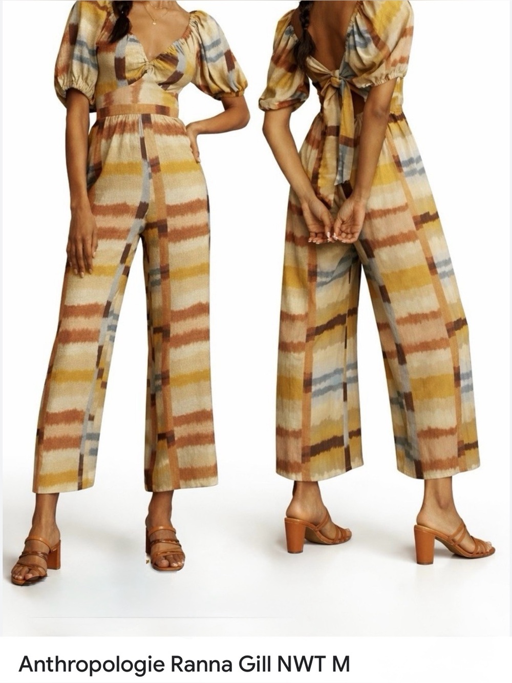 Anthropologie Multi-Stripe Yellow Tie-Back Wide-Leg Jumpsuit